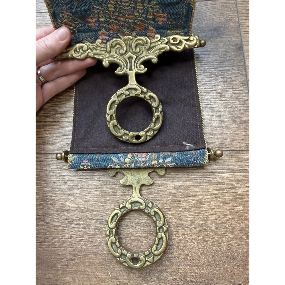Corona Decor Co Bell Pull Tapestry Sampler Blue Brass Hardware Wall Hanging